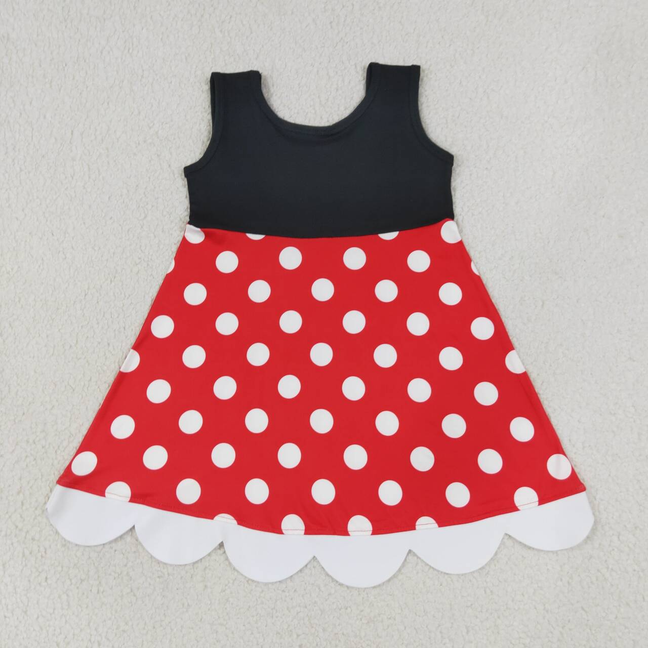 GSD2037  RTS NO MOQ （In stock）Baby Girls Black Polka Dots Knee Length Summer Dress）