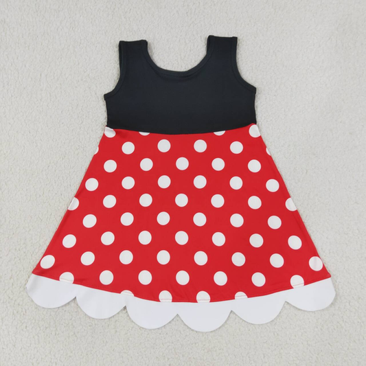 GSD2037  RTS NO MOQ （In stock）Baby Girls Black Polka Dots Knee Length Summer Dress）