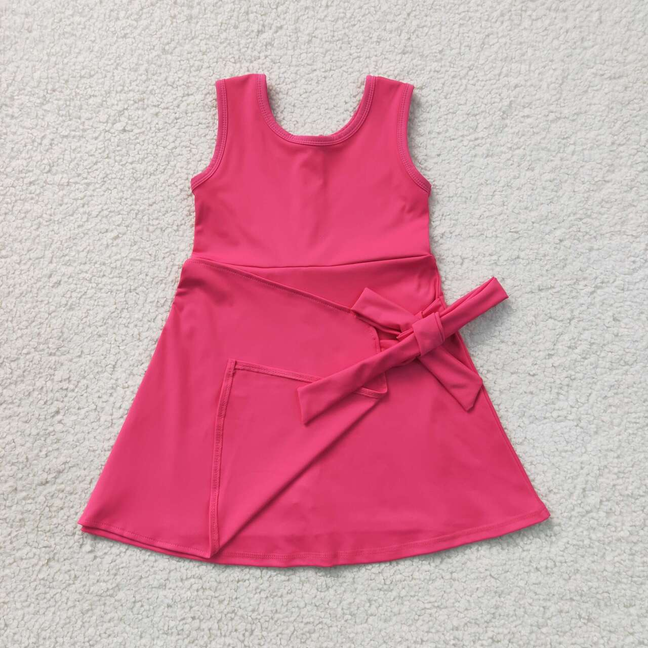 GSD3878 RTS NO MOQ （In stock）Baby Girls Hot Pink Sleeveless Bows Yoga Active Knee Length Dress