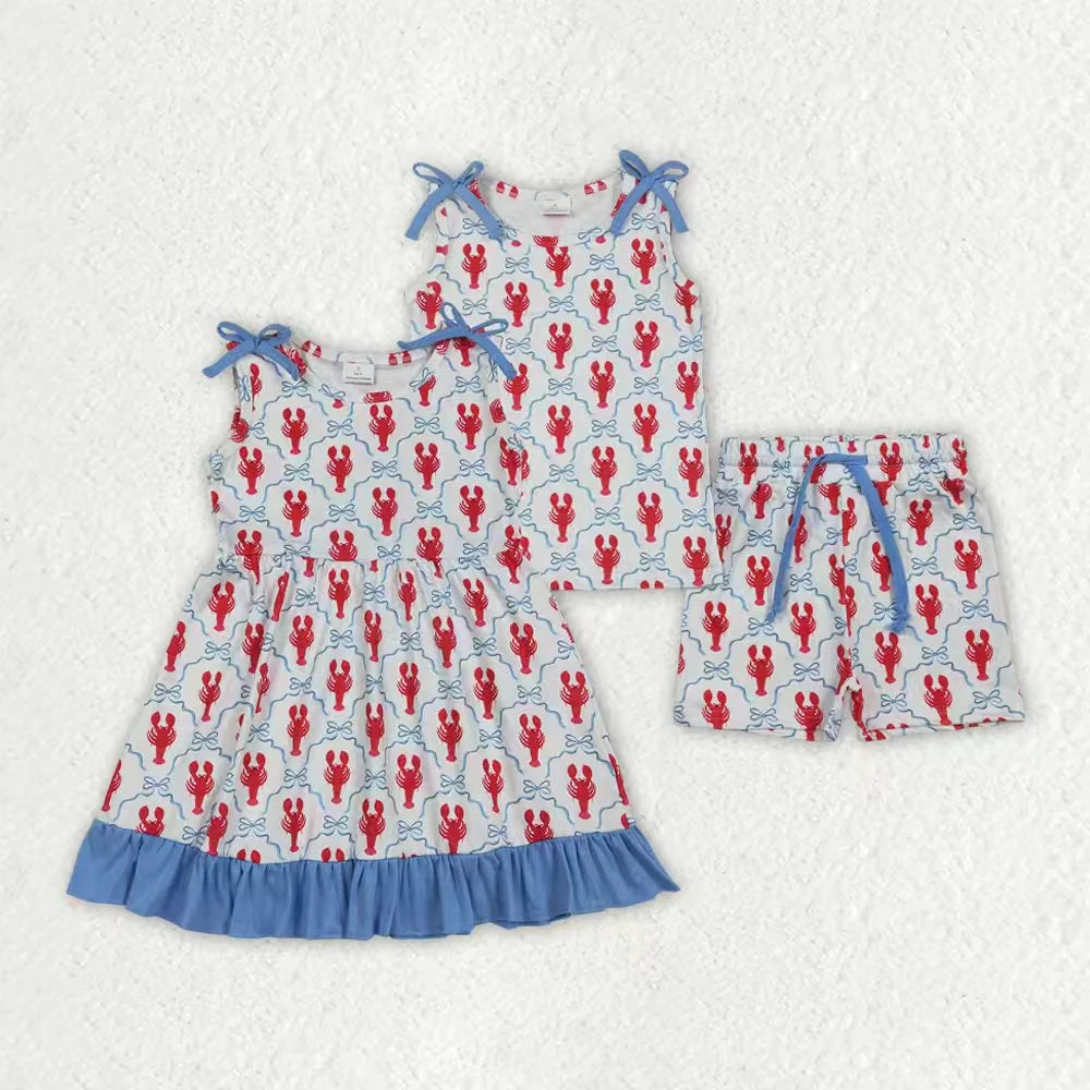 1.7 RTS Sibling Baby Girls Bows Crayfishes Checked Shorts Clothes Set Ruffle Knee Length Dresses