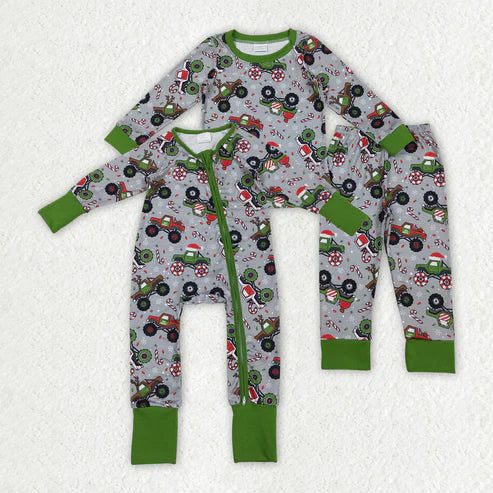 11.4 RTS Sibling Baby Boys Trucks Candy Cane Christmas Pants Pajamas Sets Zipper Rompers