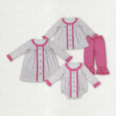 9.29 RTS Sibling Embroidery Bows Pumpkins Baby Girls Leopard Fall Rompers Dresses Outfits