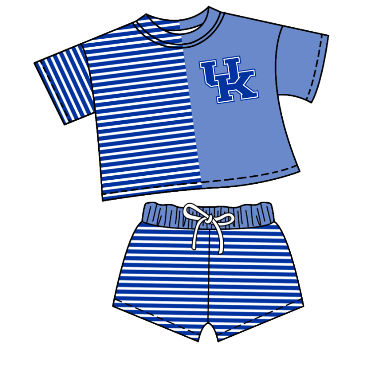 CUSTOM MOQ 5 Baby Kids Summer Blue UK Stripe Top Shorts Clothes Sets