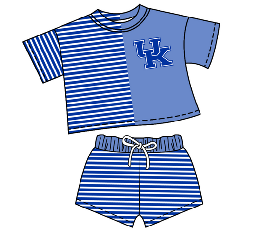 CUSTOM MOQ 5 Baby Kids Summer Blue UK Stripe Top Shorts Clothes Sets