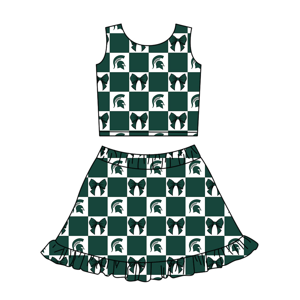 CUSTOM MOQ 5 Sibing Kids Clothing for Girls Baby Girls Green Bow Top Skirts Yoga Active Team Clothes Sets Knee Length Dress Shorts
