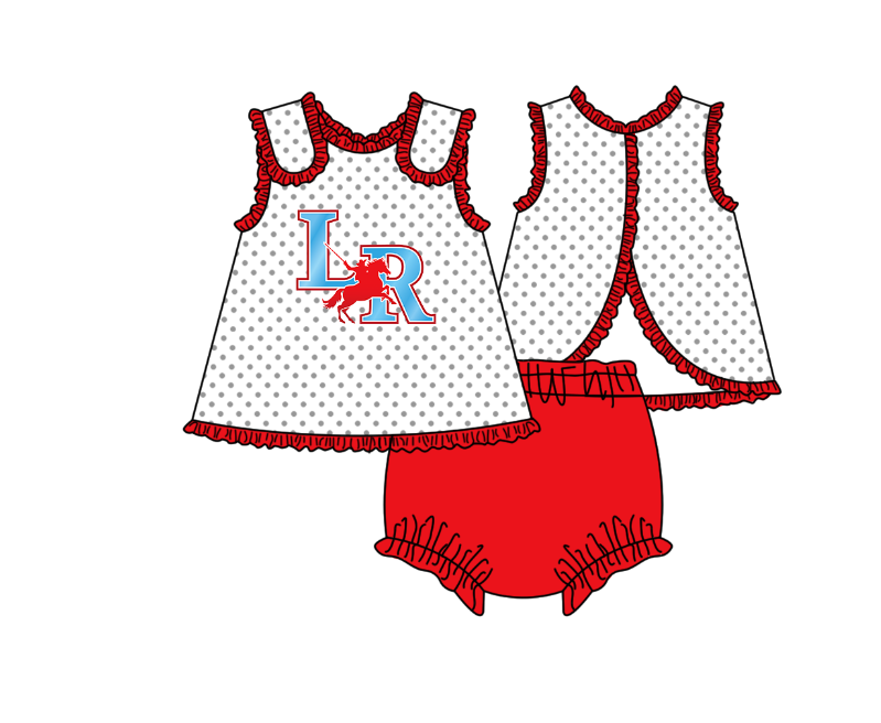 CUSTOM MOQ 5 Sibling Boys Baby Girls Red LR Top Shorts Clothes Set Knee Length Dress Rompers