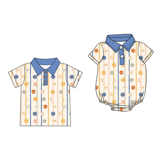 CUSTOM MOQ 5 Sibling Baby Boys Summer Baseball Short Sleeve Buttons Tee Shirt Tops Rompers Clothes Sets