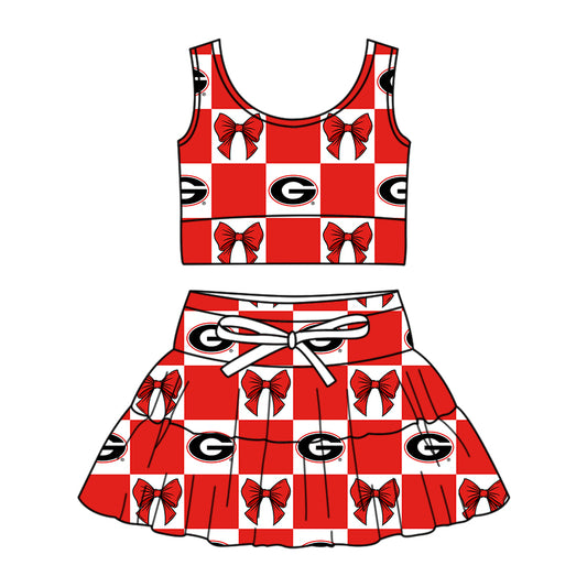 CUSTOM MOQ 5 Kids Clothing for Girls Baby Girls Bright Red Bow Top Skirts Yoga Active Team Clothes Sets