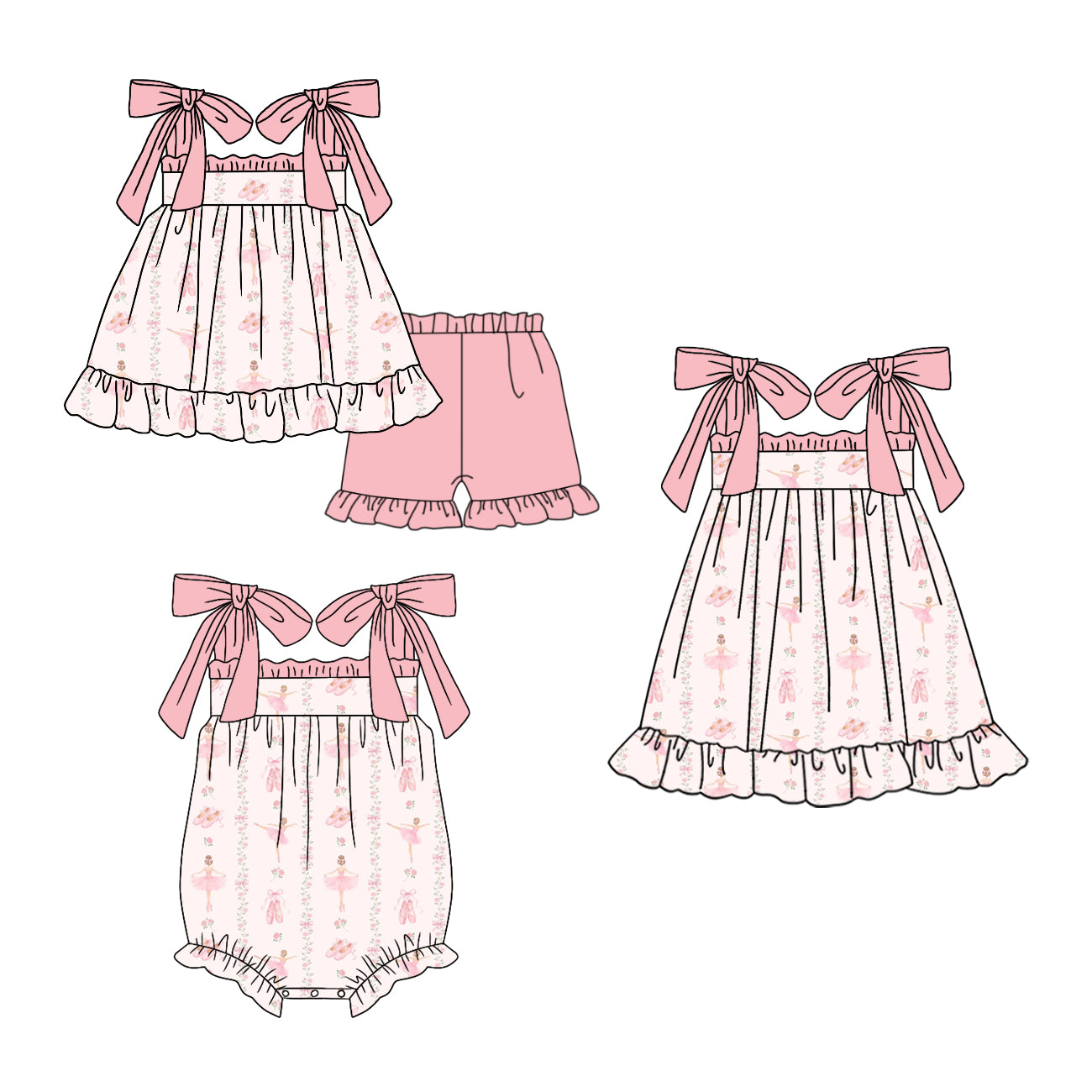 CUSTOM MOQ 5 Sibling Baby Girls Pink Dance Sleeveless Tunic Ruffle Shorts Clothes Set Knee Length Dress Rompers