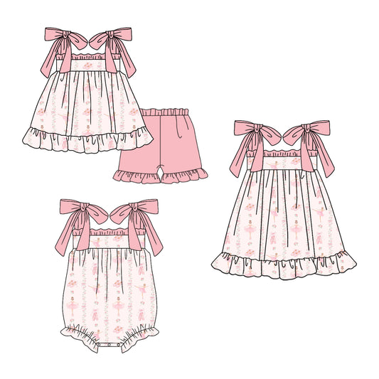 CUSTOM MOQ 5 Sibling Baby Girls Pink Dance Sleeveless Tunic Ruffle Shorts Clothes Set Knee Length Dress Rompers