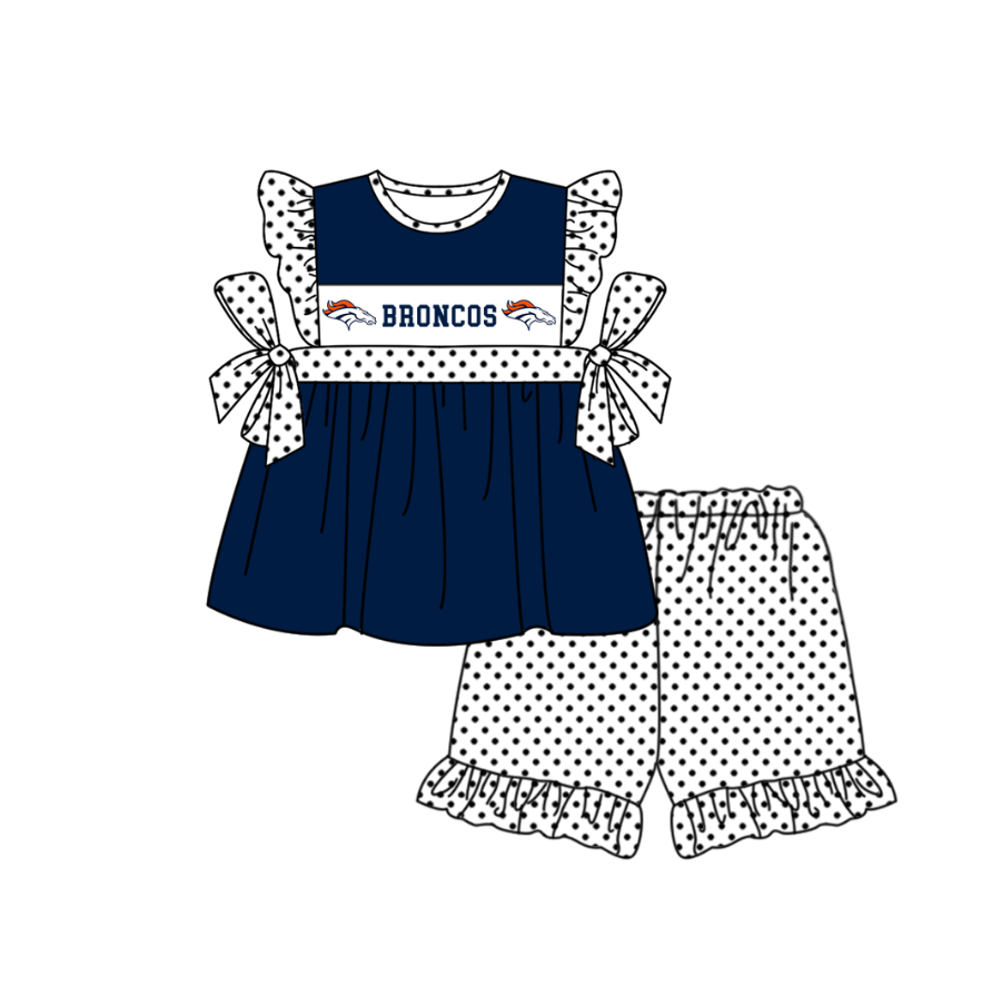 CUSTOM MOQ 5 Sibling Baby Kids Blue Polka Dots Top Shorts Clothes Set Knee Length Dress Rompers