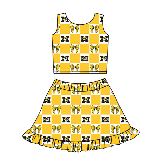 CUSTOM MOQ 5 Kids Clothing for Girls Baby Girls Yellow Bow Top Skirts Yoga Active Team Clothes Sets