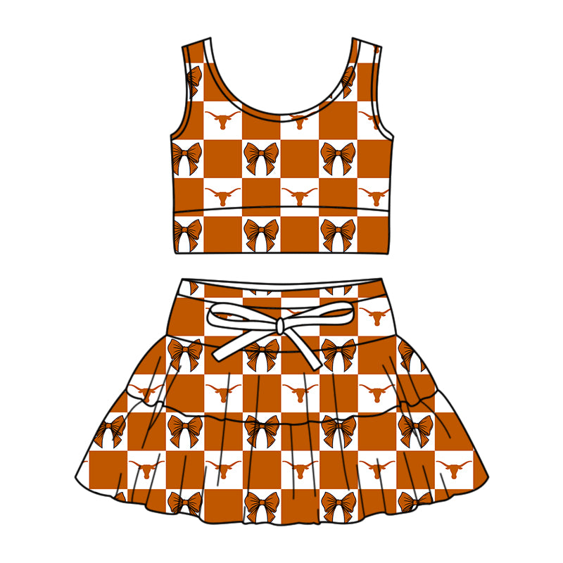 CUSTOM MOQ 5 Sibing Kids Clothing for Girls Baby Girls Orange Bow Top Skirts Yoga Active Team Clothes Sets Knee Length Dress Shorts