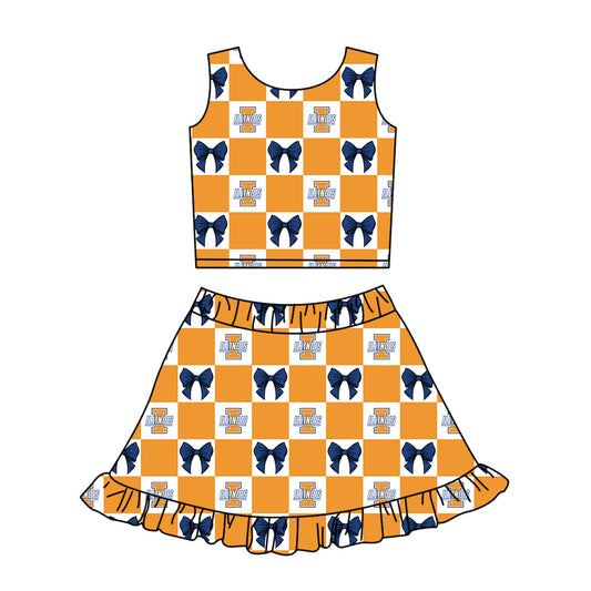 CUSTOM MOQ 5 Kids Clothing for Girls Baby Girls Orange Bow Plaid Top Skirts Yoga Active Team Clothes Sets