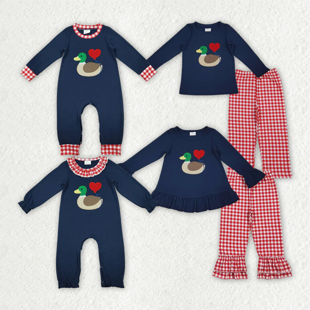 11.25 RTS Sibling Baby Boys Girls Embroidery Duck Hearts Red Checked Pant Valentines Clothes Sets Footie Rompers