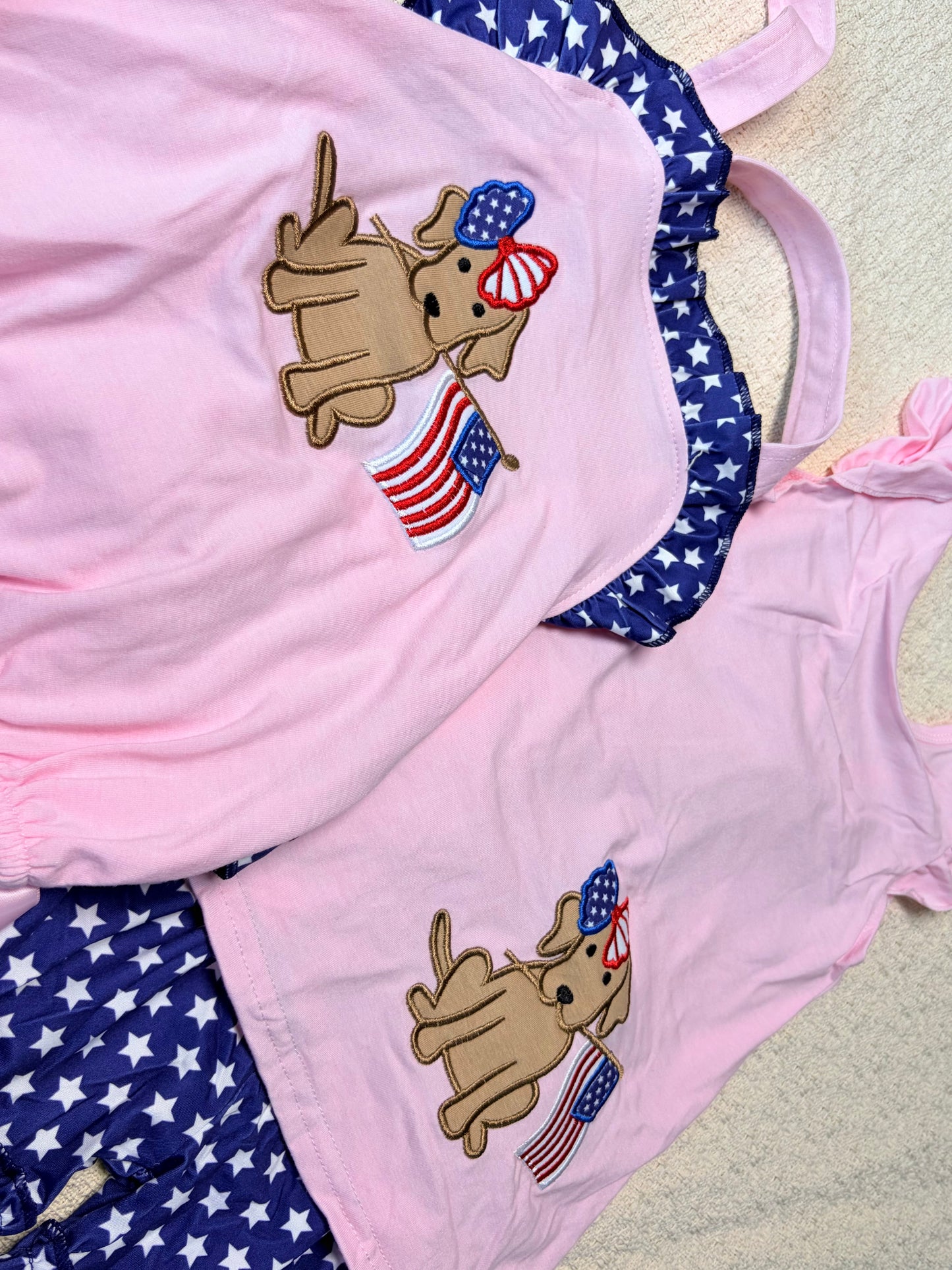 0430 RTS Sibling Dog flag embroidery backless bow kids 4th of july clothes and romper