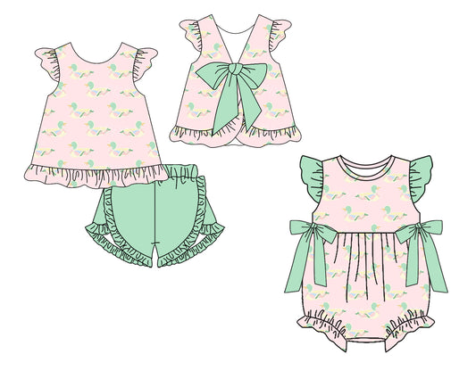 CUSTOM MOQ 5 Sibling Baby Girls Duck Checked Tunic Ruffle Shorts Clothes Set Rompers