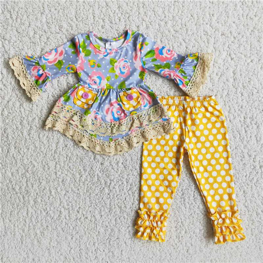 6 A17-12Floral wave tunic match polka dots leggings girls clothes