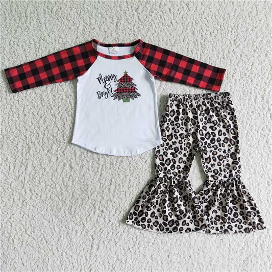 6 A25-13 A Christmas tree red check leopard print flared pants suit