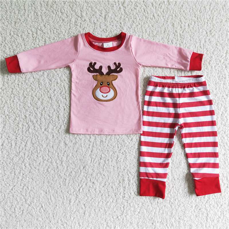 6 A27-12Pink reindeer applique cotton girls Christmas pjs