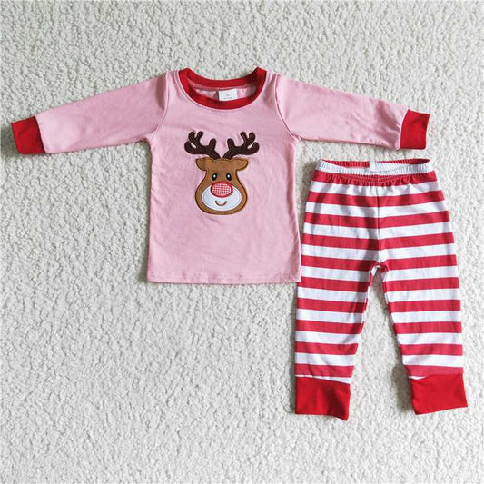 6 A27-12Pink reindeer applique cotton girls Christmas pjs