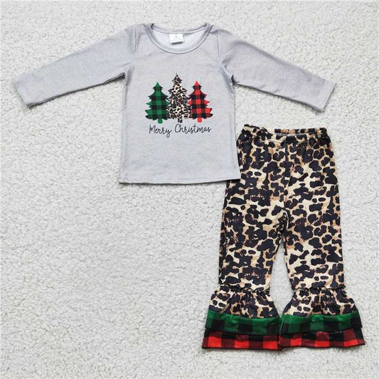 6 C6-38 Christmas three trees grey top + leopard print pants set