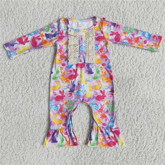 6 A12-3 Long sleeve colorful bunny baby girls easter romper