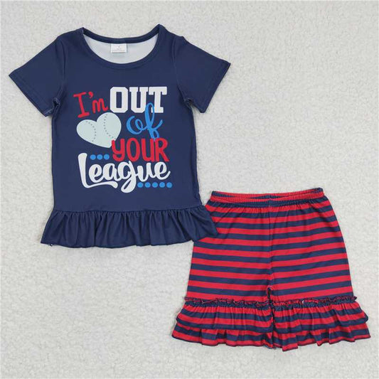 A8-22 Blue i am out of your league shirt stripe shorts girls baseball clothing