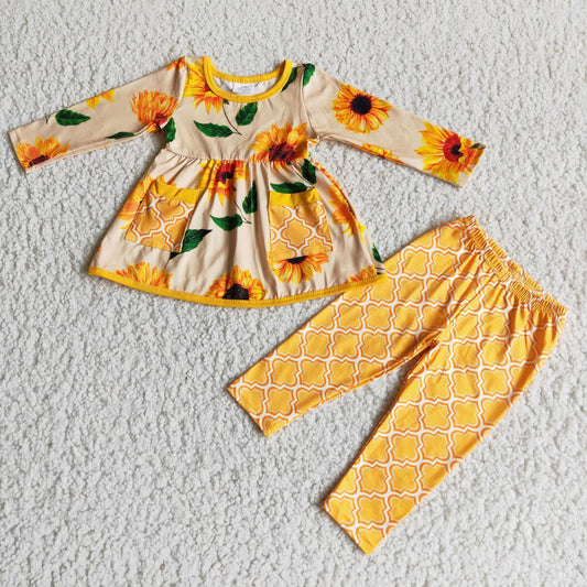 6 A11-30Sunflower print pocket kids girls clothing