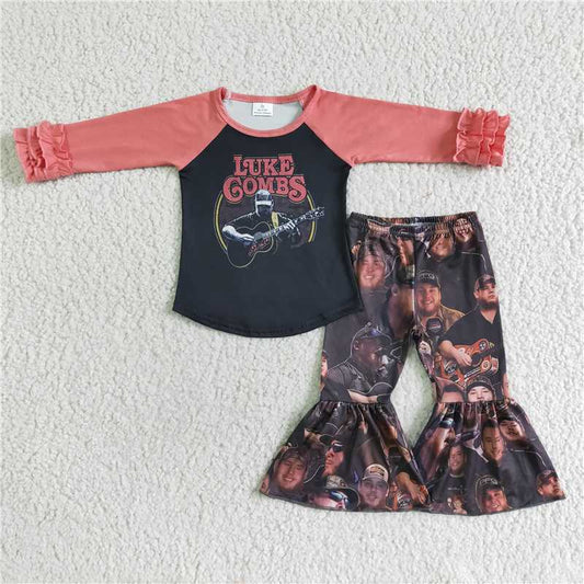 6 A27-16Singer print long sleeve pants set girls clothing kids