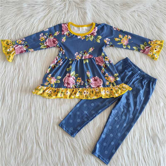6 A26-15Blue floral tunic match icing ruffle leggings children clothing girls