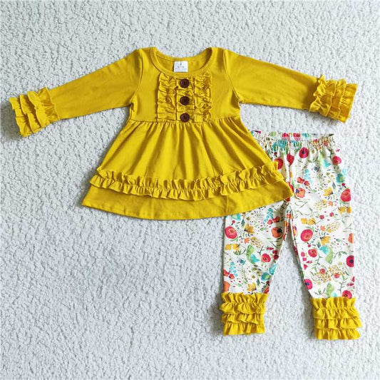 6 A24-1Yellow cotton tunic floral leggings girls fall clothing