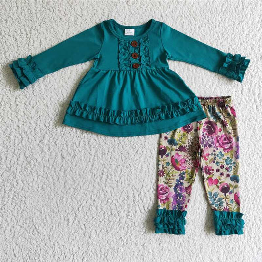 6 B12-20Blue cotton tunic floral leggings girls fall clothing