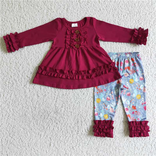 6 A26-16Maroon tunic match floral icing ruffle leggings girls outfits