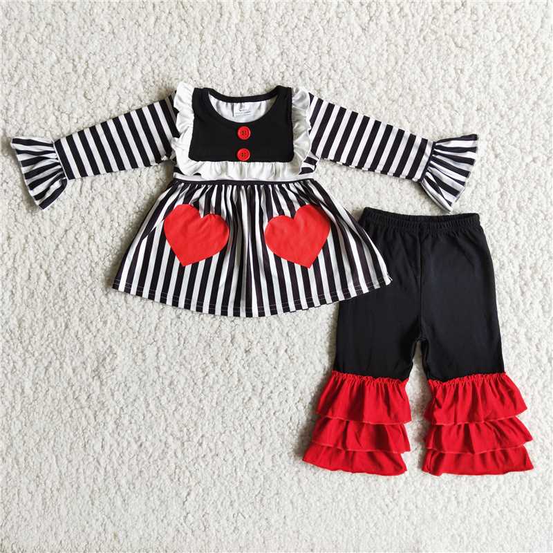 12.15 RTS NO MOQ （In stock）6 B7-38 Baby Girls Valentines Pocket ruffle pants sets
