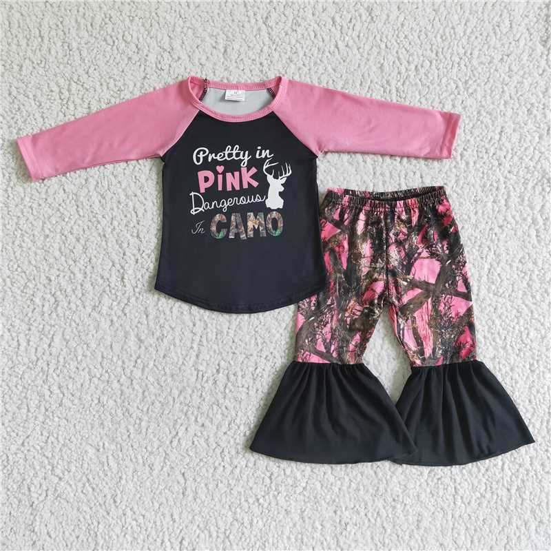 12.15 RTS NO MOQ （In stock） A24-12 Pretty In pink dagerous in camo baby girls bell pants clothes sets