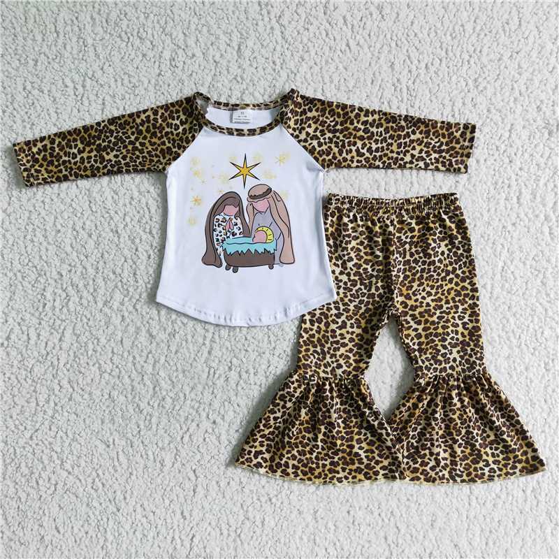 6 A18-11Nativity print leopard bell bottom pants Christmas clothing