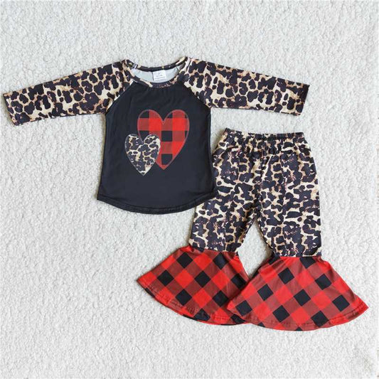 6 A12-27 Heart print leopard sleeve bell bottom pants girls valentine's outfits