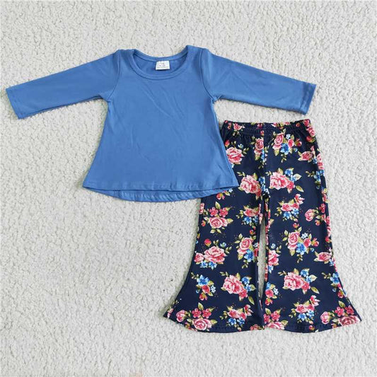 6 A25-3Blue cotton top floral pants toddler girls clothing