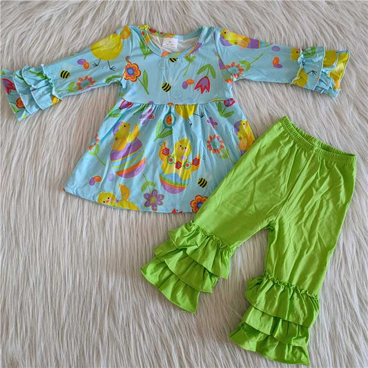 6 A16-11Chicken print tunic ruffle pants girls clothing set