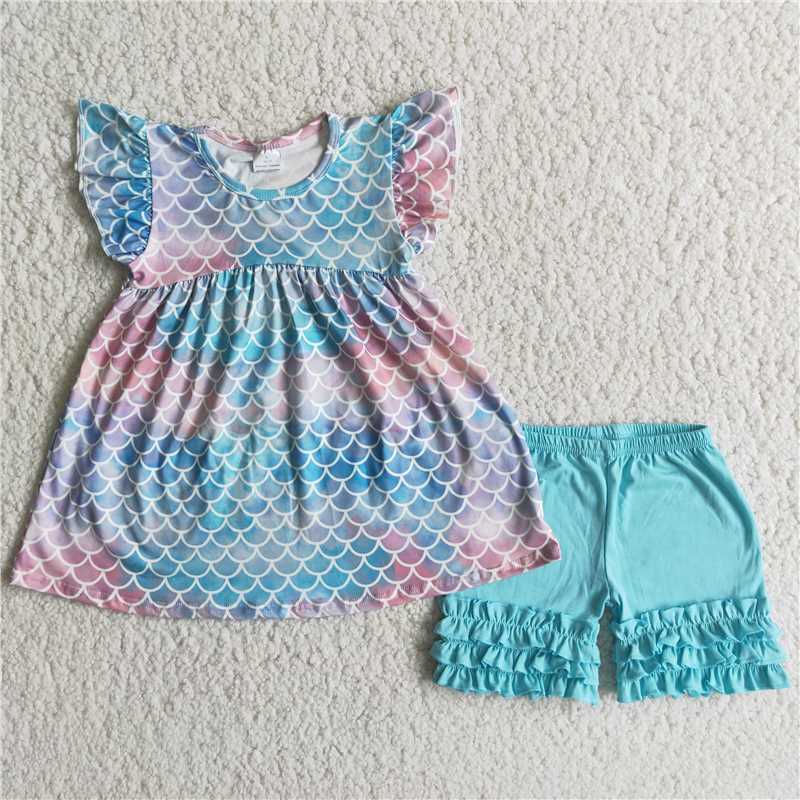 Colorful scale exquisite ruffles shorts set