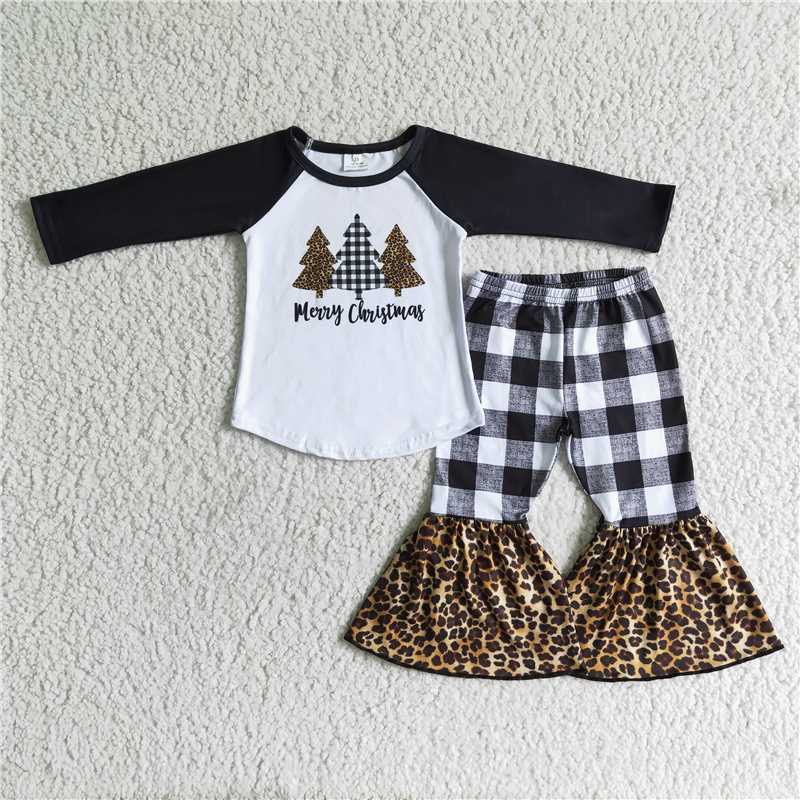 6 B8-18 Three Christmas Trees Black and White Check Flared Pants Set