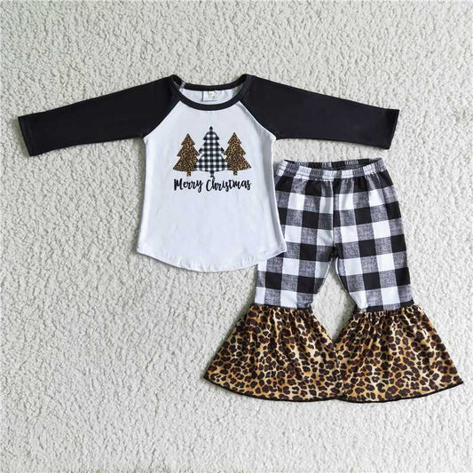 6 B8-18 Three Christmas Trees Black and White Check Flared Pants Set