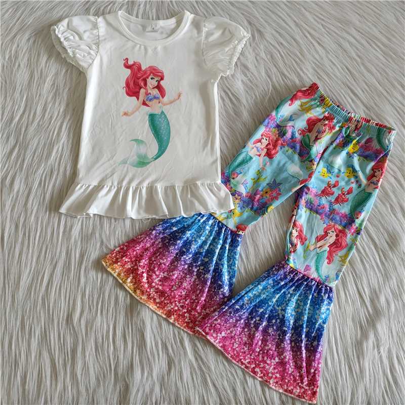 C12-10 Mermaid white puff sleeve colorful flared pants