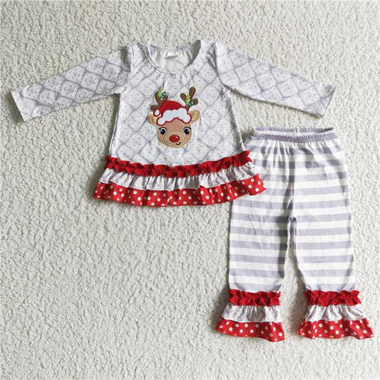6 A13-27Reindeer embroidery ruffle pants girl Christmas outfits