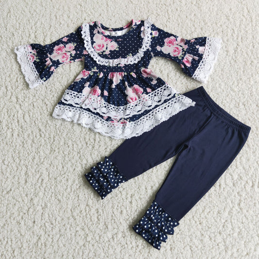 6 A24-17Navy floral wave tunic icing ruffle leggings children boutique clothing