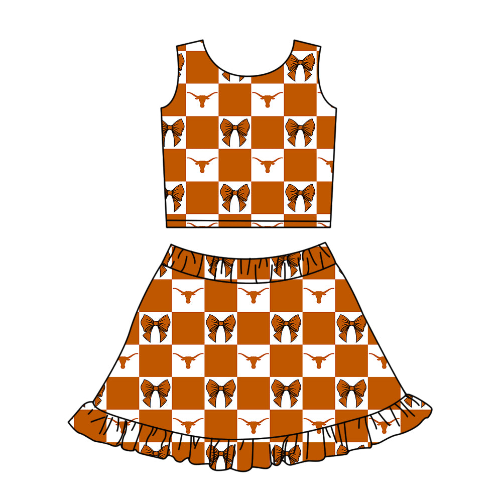 CUSTOM MOQ 5 Sibing Kids Clothing for Girls Baby Girls Orange Bow Top Skirts Yoga Active Team Clothes Sets Knee Length Dress Shorts