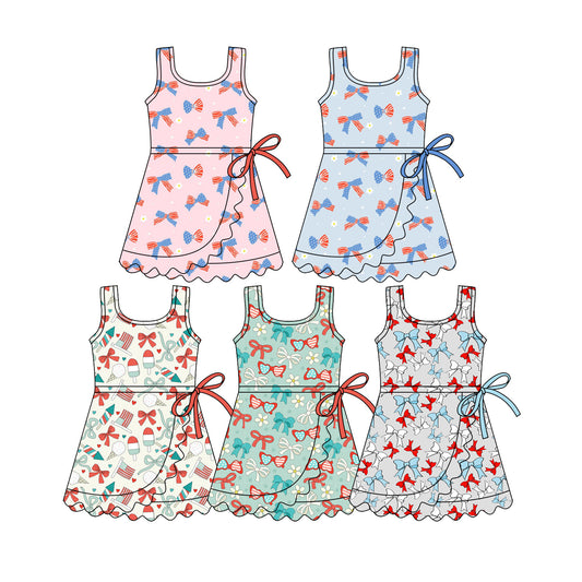 CUSTOM MOQ 5 Sibling Baby Girls Sleeveless July 4th Bows Yoga Dress Kids Girls Summer Athletic Dresses