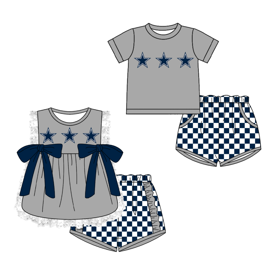 CUSTOM MOQ 5 Cute Kids Clothing Sibling Boys Baby Girls Summer Gray Top Blue Checked Shorts Team Clothes Sets