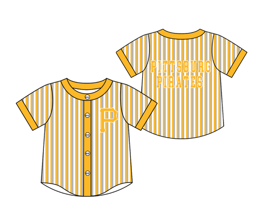 CUSTOM MOQ 5 Cute Kids Clothing Baby Kids Yellow Gray Stripe Short Sleeve Team T-shirts Top